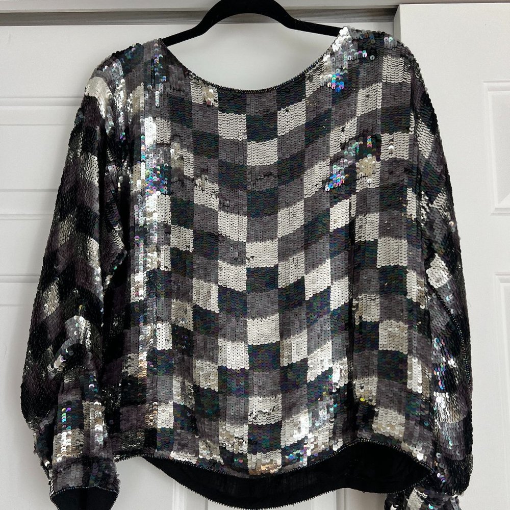 Vintage 1980s Black & White Check Sequin Silk Blouse - Size L